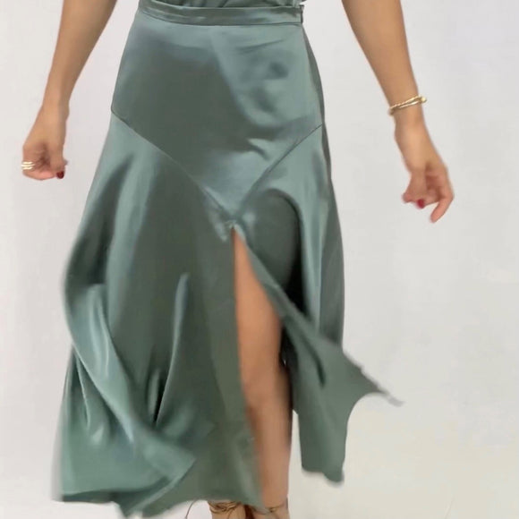 Morning Flawless Olive Satin Skirt